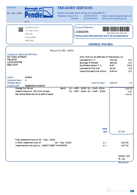 United Kingdom Borough of Pendle council tax business utility bill template in Word and PDF formats
